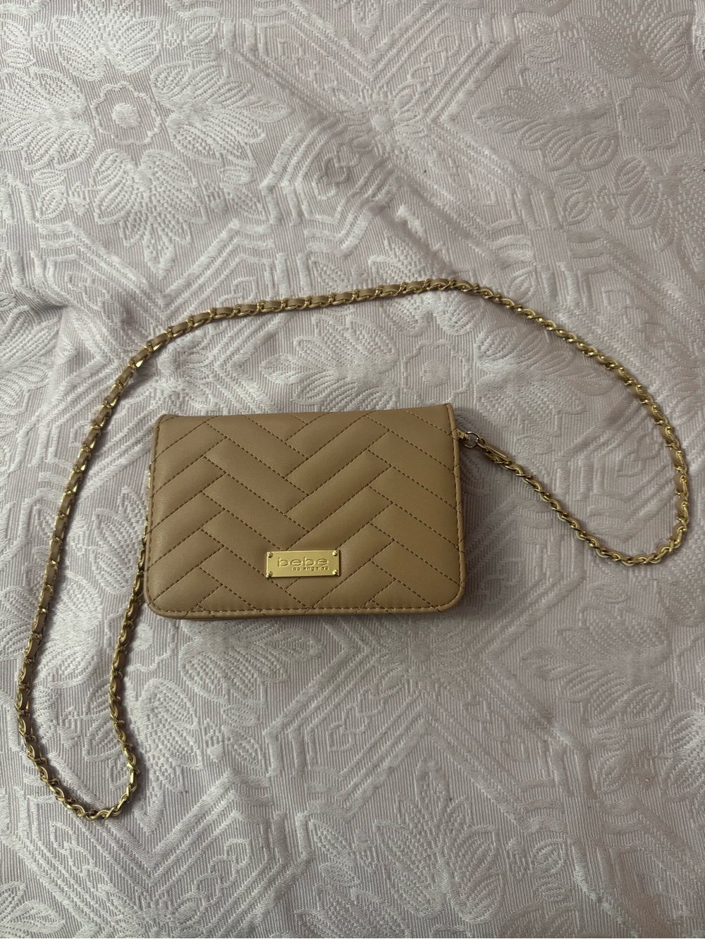 bebe Quilted Tan Crossbody with Gold Chain Strap
